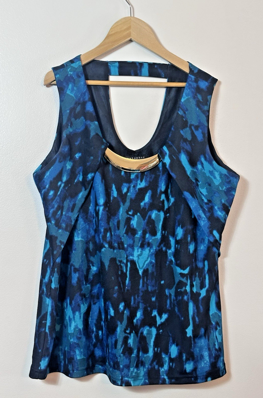 Metaphor Top Womens Large Blue Black Abstract Sleeveless Blouse Gold Hardware L